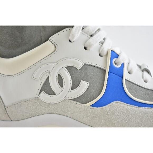 Chanel 18P Blue White Grey CC Logo Lace Up Tie Flat Trainer High Top Sneaker 38 - Picture 9 of 16